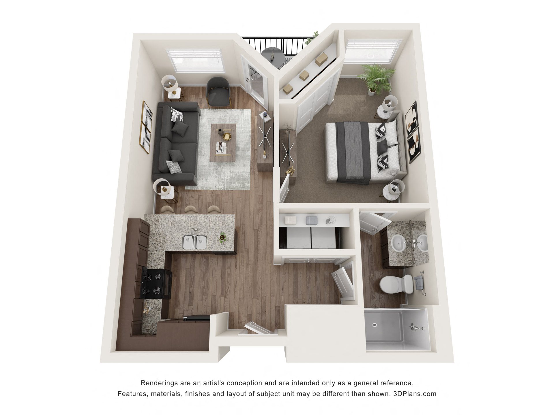 Floor plan for 1 bed, 1 bath, 591 sqft
